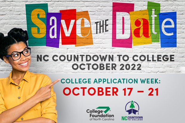NC Countdown to College Week is coming up in October!

Stay tuned to find out how CFNC can help you through the entire college application process, including FREE applications during College Application Week!
bit.ly/3RL3Ko9

#CFNC #CountdownToCollege #Classof2023