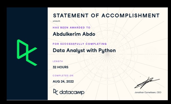 abdulkerim_abdo's tweet photo. #I4GWinWednesdays
I just finished Data Scientist with Python and Data Analyst with Phython  Tracks on @DataCamp 
@Rita_tyna inspired me to accomplish these tracks , know the time for certifications like her
Thanks to @Ingressive4Good for all opportunities https://t.co/qOgwWqhA6V