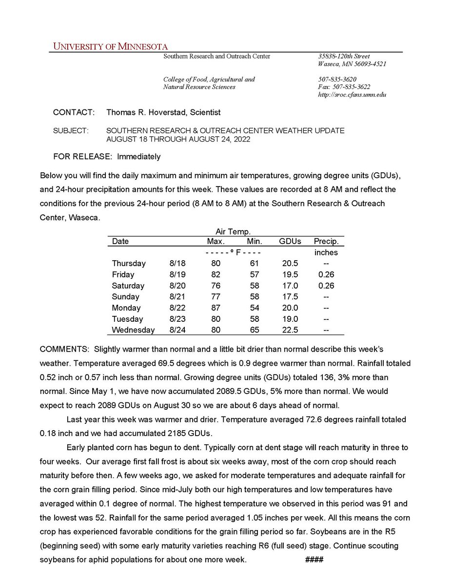 UMN_SROC's tweet photo. Favorable conditions for the grain filling period so far. Hoping for more of the same in the following weeks. https://t.co/IhsYLizntd