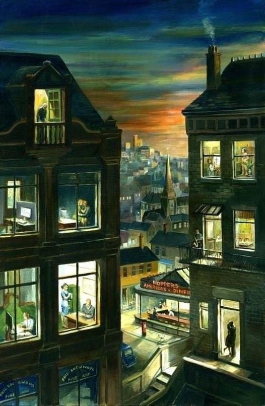 fraveris's tweet photo. Phil Lockwood / British, contemporary artist

"Offices at Night"/ Homage to Hopper 2019 https://t.co/G6gkP5LyPk