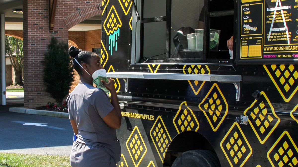 MessiahLifeways's tweet photo. To thank team members for living out a #ONETEAM culture, today we treated them to food trucks! Dough Heads Stuffed Waffles, Potato Coop, and Up in Smoke, plus trivia and games—lots of food and fun! https://t.co/KkL8kqJRvf