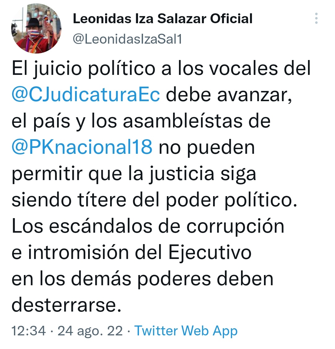 UnCafeConJJ's tweet photo. #ATENCIÓN: El presidente de la @CONAIE_Ecuador, @LeonidasIzaSal1, llama al bloque de @PKnacional18 a continuar con el juicio político a los vocales de la @CJudicaturaEc. https://t.co/GxmJTegaam