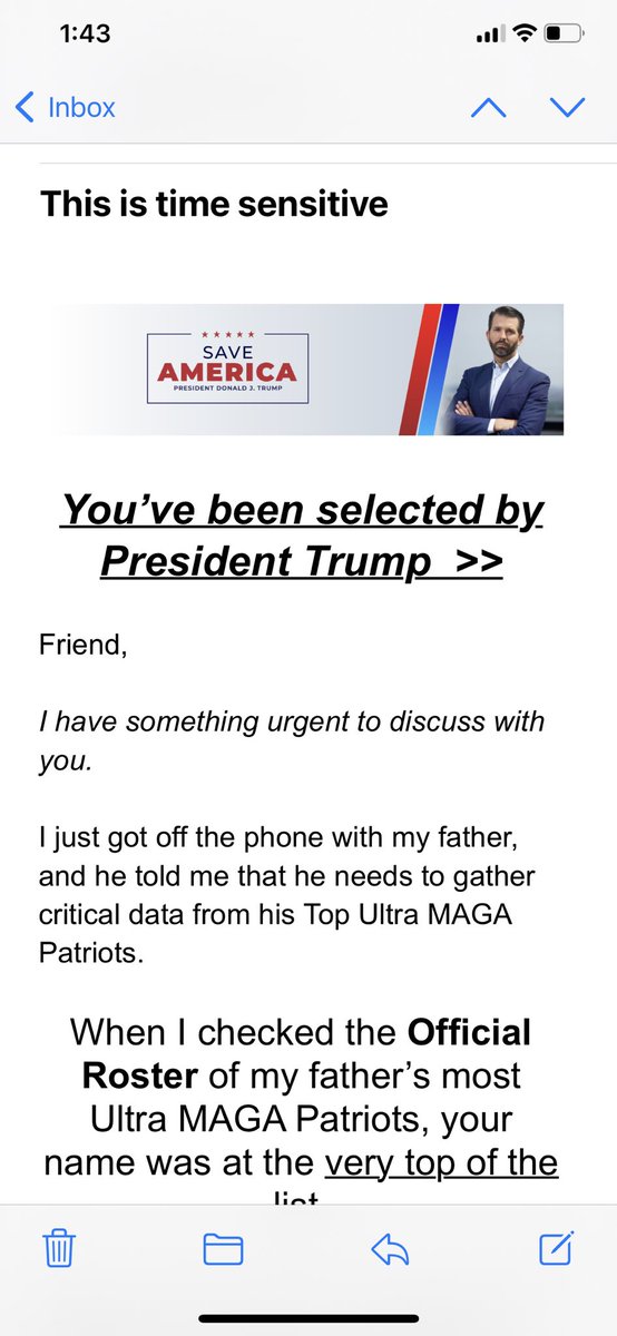 tribelaw's tweet photo. Just in case you think I’m kidding about being personally thanked by the former president and specially singled out by his first and most beloved son, here’s a screenshot: https://t.co/fBgGR6DTWI