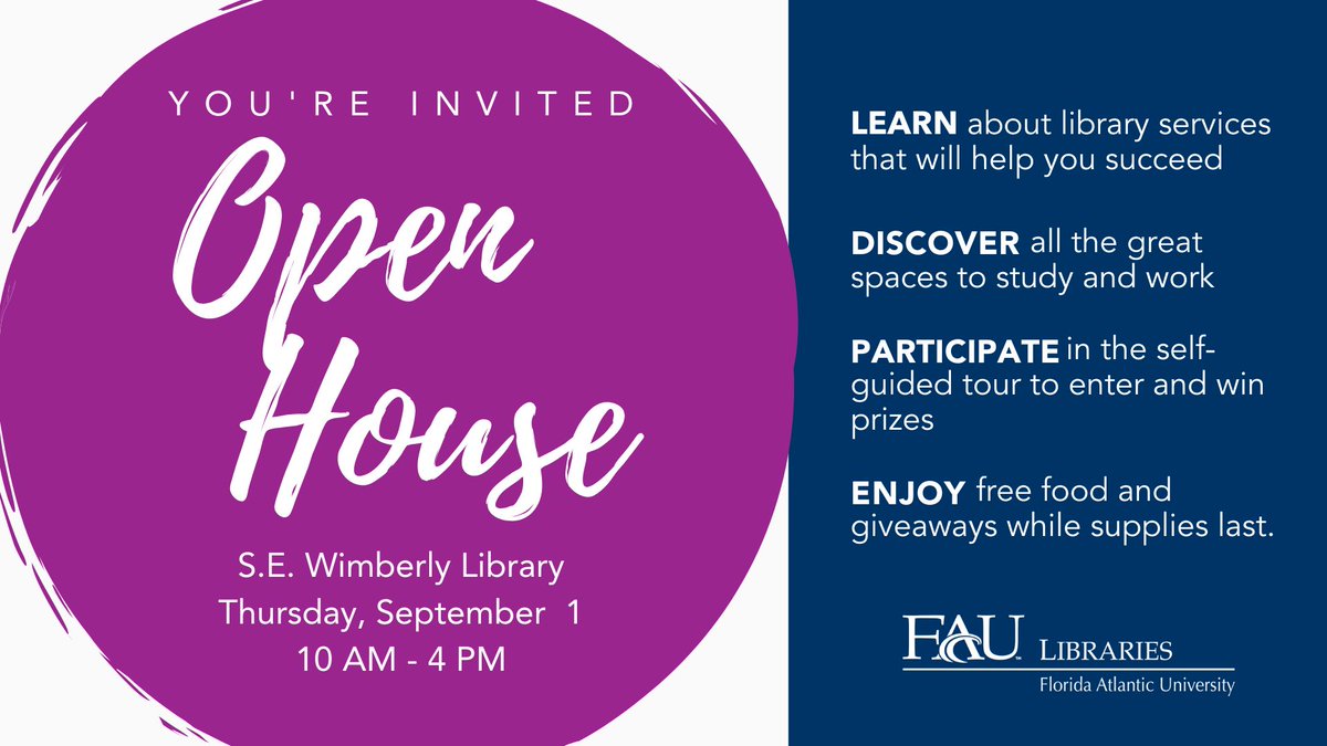 FAULibraries's tweet photo. Don't miss the chance to explore the library, meet the staff, and learn about the services and resources we have to help you succeed in FAU.
https://t.co/5OTx6rSuyR
#openhouse #FAUlibraries https://t.co/a4585nVJbd