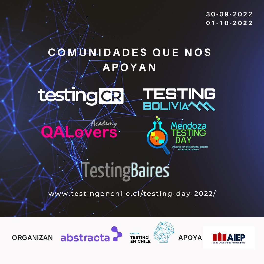 TestingenChile's tweet photo. Saludamos a la comunidades que nos apoyan en la 6.ª edición del #TestingDayChile2022
Coorganiza @AbstractaChile
Apoya @AIEP https://t.co/p8gG3AAx0d