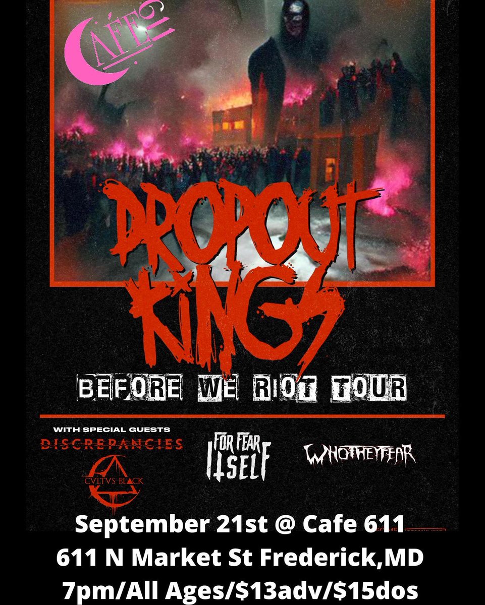 forfearitself's tweet photo. 死 9/21 | @cafe611 死

@DropoutKingsAZ 
@Discrepanciestv 
@CVLTVSBLACK 
@WhoTheyFearBand 

This is going to be one for the books, don’t miss out. DM us for presales to save on online fees xx 

#metalcore #deathcore #numetal #livemusic https://t.co/qvUhY5vHJP