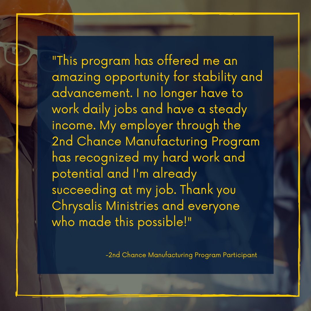ChrysMin's tweet photo. We love to hear it! Now it's your turn! The 2nd Chance Manufacturing program is having info sessions to connect justice-involved individuals and their families to local employers. Call 210-299-4540 to take the first step in your new career! #reentry #2ndChance #satxnonprofit https://t.co/8UVMZLxVb7