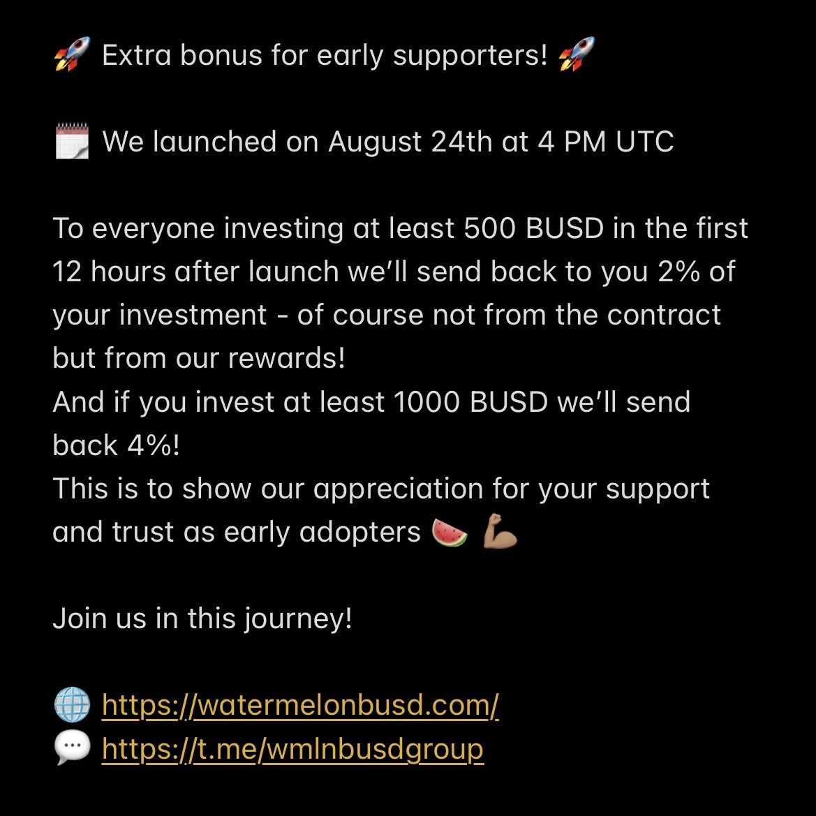 WatermelonBUSD's tweet photo. And we’re live! Have you seen our promo? Few hours left to join and receive an additional bonus 💪🏽🚀
Join our tg group https://t.co/aL6ICs7l3P
And invest on https://t.co/LslcCQQzsV
#DeFi #crypto #BSCGems #Bscgem #bnb https://t.co/zmj3TgyEnY