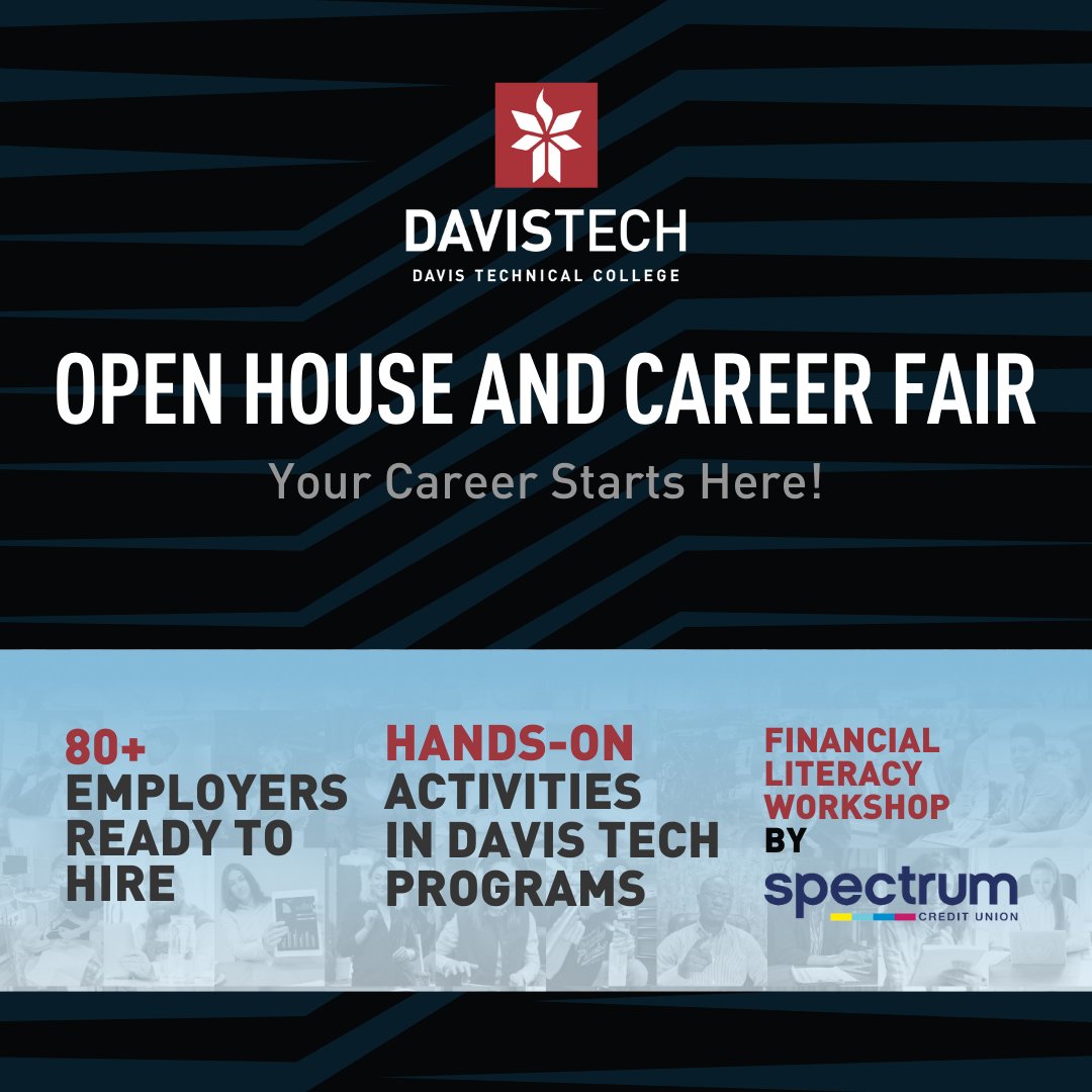 Tomorrow is our annual Open House and Career Fair from 3-6 pm!
All of Davis Tech’s 35+ programs will be open for the public to visit.

For more information visit
davistech.edu/openhouse/ 

#openhouse #careerfair #davistech #kaysvilleutah