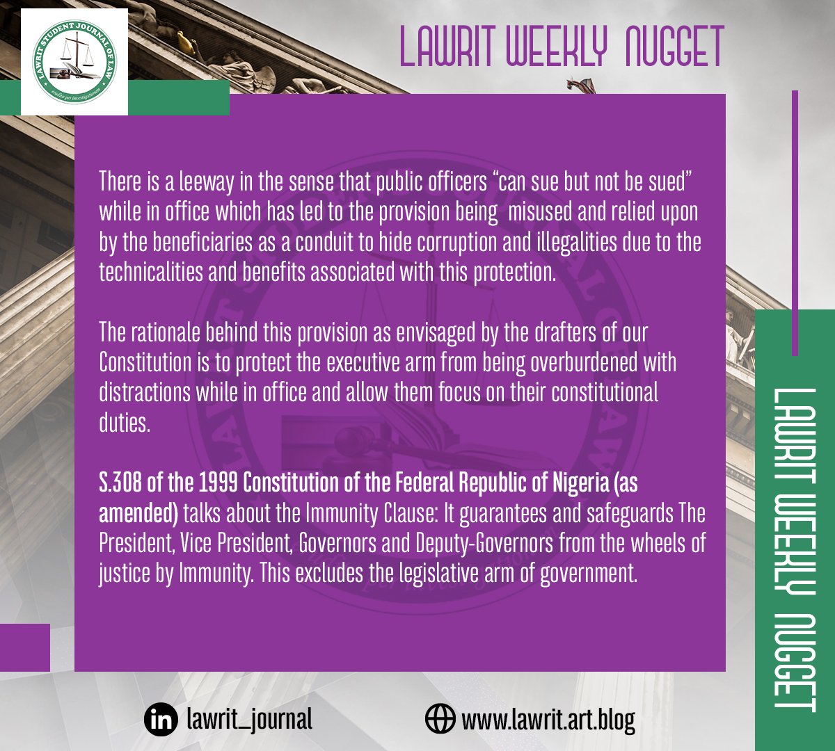 Lawrit_journal's tweet photo. There's a leeway that public officers "can sue but not be sued" when in office which has led to the provision being misused...
#LawritWeeklyNuggey
#DidYouKnow
#WednesdayNuggets
#Lawrit
#Wednesday
#LawJournal
#Lasjol
#LawritJournal
#Constitution https://t.co/3JdWbGwAAQ
