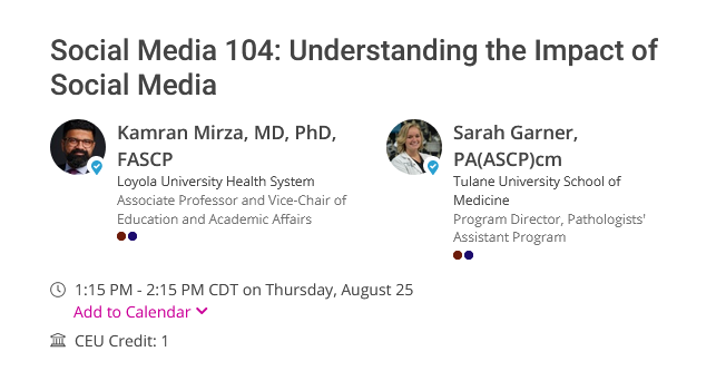 *Drum roll* #ASCP100 #ASCP2022 Wondering about the #impact of #socialmedia? Join @passion4path and me for #SoMe104 #PreMeeting session tomorrow at 1:15 PM CDT! See you there!