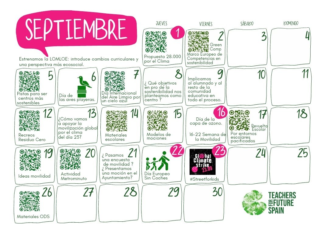 future_spain's tweet photo. 📢📢Aquí está el 
🗓️CALENDARIO ECOSOCIAL para el nuevo curso escolar.

👥Lo estamos traduciendo a las distintas lenguas oficiales.

🧑‍💻👩🏽‍💻Queremos que llegue a tod@s l@s profes de todos los centros educativos.
¿Nos ayudas?
#2800porelClima #felizcursonuevo 🌱 https://t.co/Bx1X9TKGp7 https://t.co/EOQetuZUwa