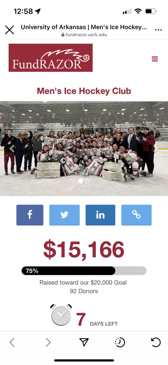 RazorbackMHClub's tweet photo. ONE WEEK LEFT! We have a little under $5,000 to go until we hit our FundRazor goal and are ready to go for the season. Please donate and share so we can hit this milestone to help out our club finances this year! #WooPig https://t.co/6kSSYeAuwu