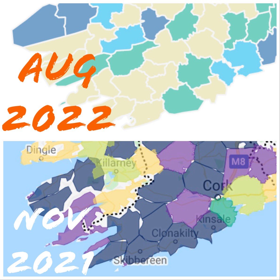 shanenev's tweet photo. @NatBroadbandIrl - slow progress made in County Cork between November 2021 and August 2022. Apart from adding a more confusing map and new colours, only one additional area available for order or pre-order in the whole county? @EamonRyan https://t.co/YJwvsj4Ilk