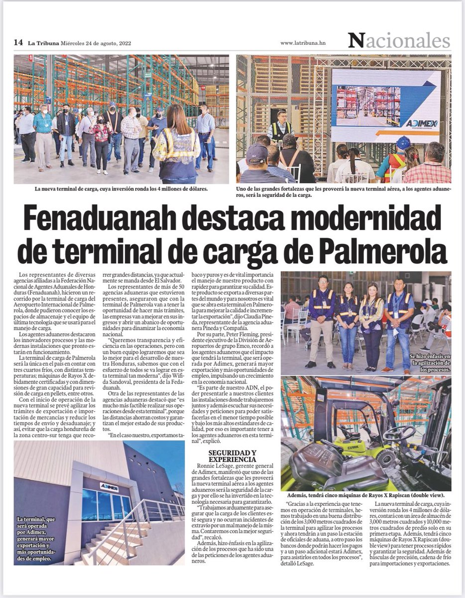 ADIMEX_Oficial's tweet photo. #Encuentro 💯✅Los agentes aduaneros de Honduras visitaron las instalaciones de la terminal aérea del Aeropuerto Internacional de Palmerola, operado por Adimex, y destacaron sus características en infraestructura y logística.
#adimexPIA #Honduras #TerminalesdeCarga #Adimex https://t.co/s0Hvhs4yHt