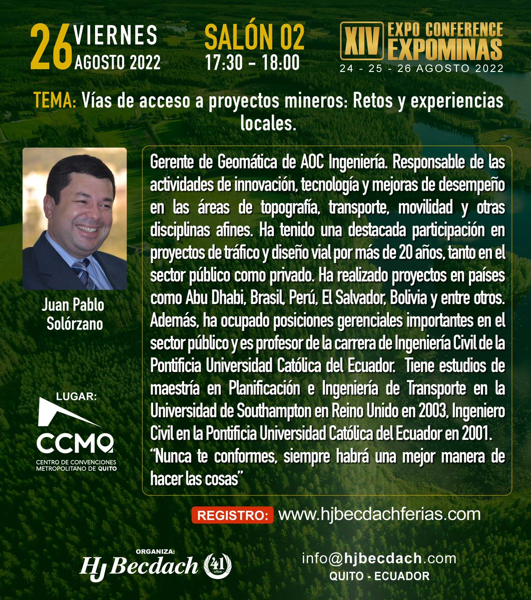 AOCingenieria's tweet photo. El viernes 26 conversaremos sobre los accesos viales a proyectos #mineros en #Ecuador. Juan Pablo Solórzano @JP_Solo presentará nuestra visión y los retos para la industria. Acompáñanos y compartamos experiencias. https://t.co/elKp6buqbI