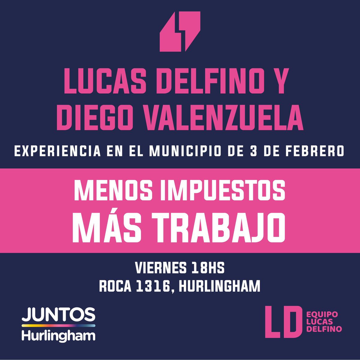 Jxc_hurlingham's tweet photo. Este 🗓️ viernes 26/8 a las ⏰18 h. Diego Valenzuela, Intendente de Tres de Febrero, nos visitará para dar una charla acerca de su experiencia con el proyecto "Menos impuestos, más trabajo", que también vamos a presentar en el Honorable Concejo Deliberante de Hurlingham 💪. https://t.co/LJG22uFQu6