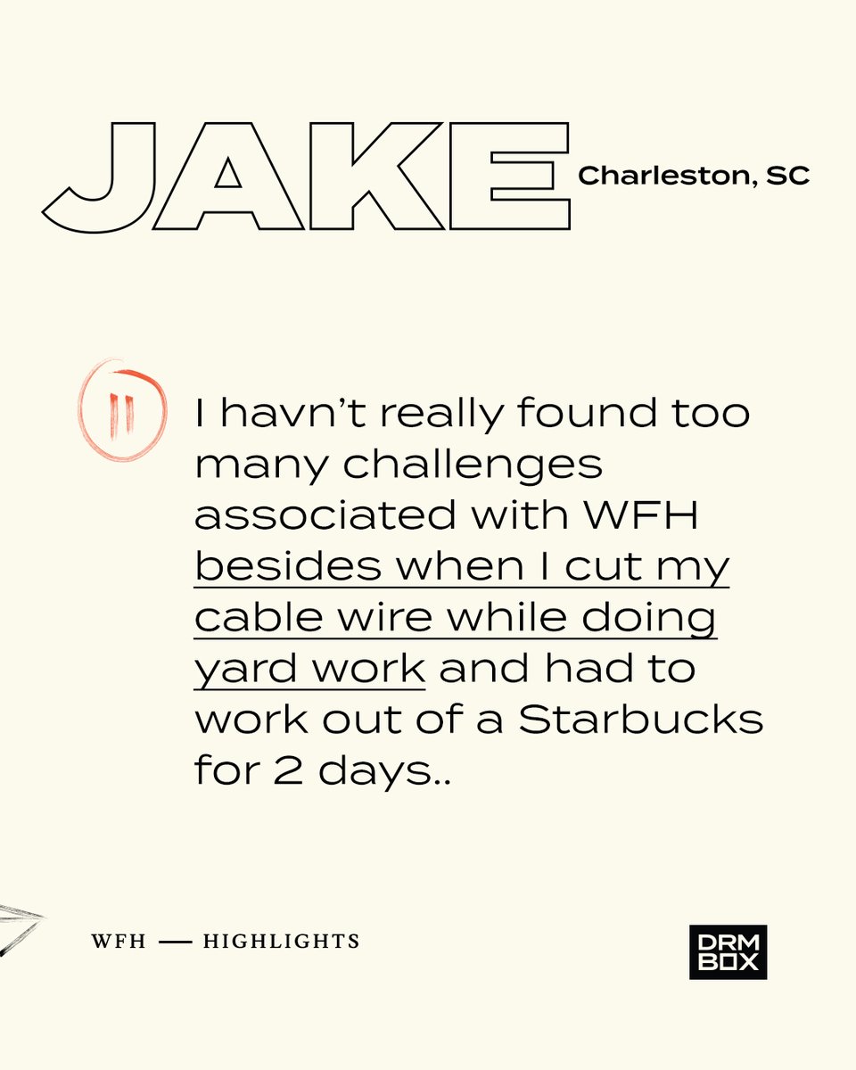 Team member Jake recently relocated to Charleston, SC and with that, he's had to establish a new model of work-life balance. Fortunately for Jake, even a cut wire isn't stopping him from hunting down designers to make sure client deliverables get sent.