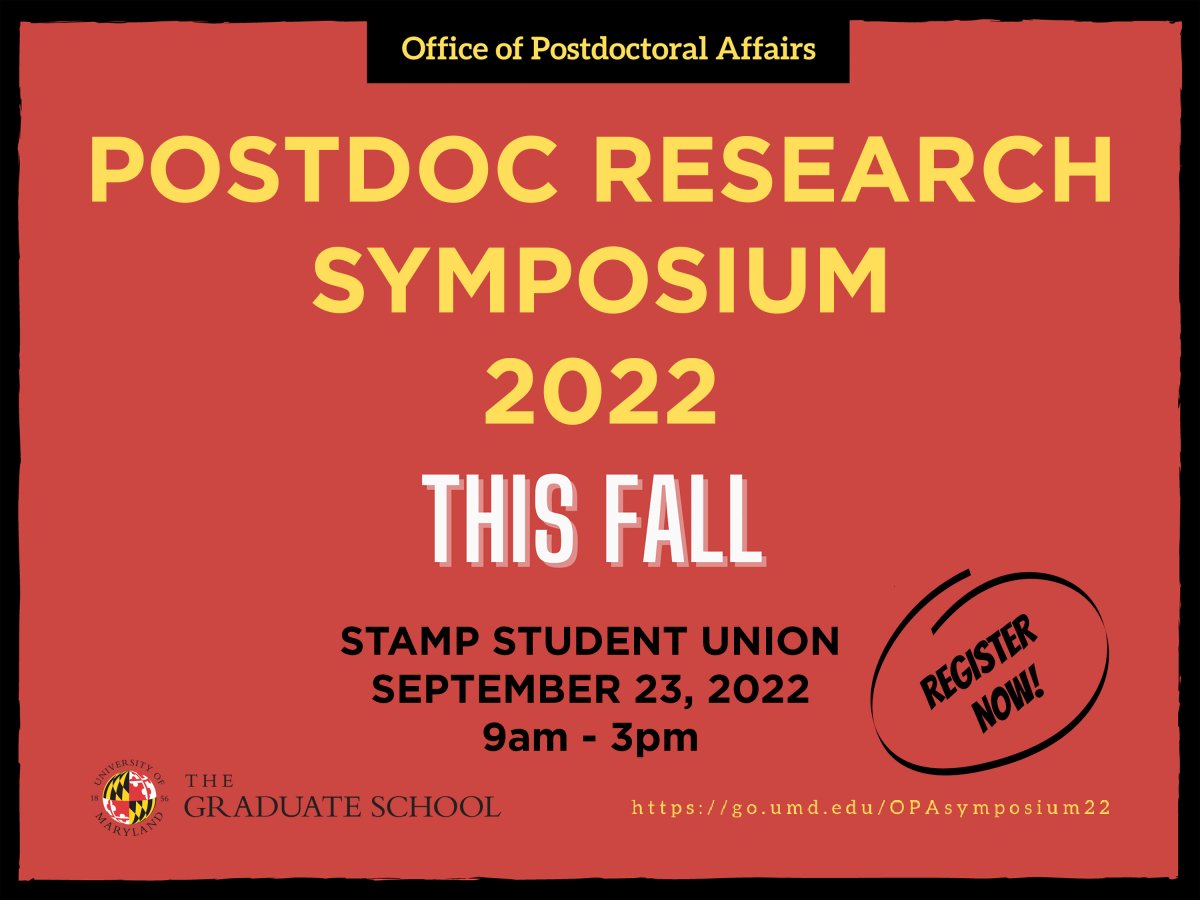 ONE month countdown until our PostDoc Research Symposium at the UMD on September 23! We look forward to celebrating the fantastic achievements of postdocs at the UMD community!
Check out our schedule at go.umd.edu/OPAsymposium22
#PostdocUMD  #UMDPostdocSymposium22