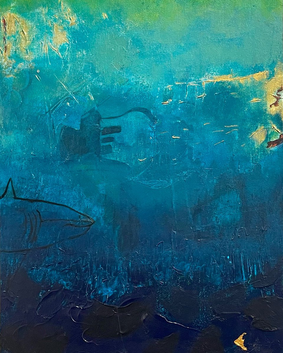 annbentonart's tweet photo. “A smooth sea never made a skilled sailor.” Author Unknown. I’m pleased to introduce you to “Shark Week,” do you see him? This is a mixed media piece on a 24”x32” canvas. Available @the_millworks in Studio 103 or on my website on my bio. #annbentonart #annbentonyeager https://t.co/55XrepDbW6