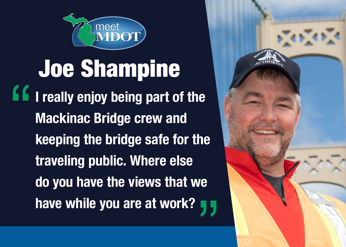 MichiganDOT's tweet photo. Meet Joe Shampine, maintenance supervisor at the @MackinacBridge Authority (MBA), a role he’s had for a year. https://t.co/cZrAQIZfub
#MeetMDOT https://t.co/jV8TzLEzZ0