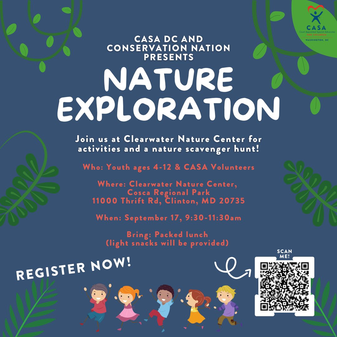 CASAofDC's tweet photo. @ConservNtn & CASA DC are hosting a #nature outing for CASA youth ages 4-12 & their CASA Volunteers on Sept 17 from 9:30-11:30 am. This will take place at Clearwater Nature Center in Cosca Regional Park, 11000 Thrift Rd, Clinton, MD 20735.
#getoutside #conservationnation #casadc https://t.co/P7lRFpwqGy