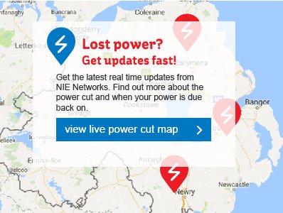 NIElectricity's tweet photo. We are aware of a fault in the #BT38 area. Engineers are estimating it will be back up and running for 10.30pm this evening. https://t.co/CouZvbk80s