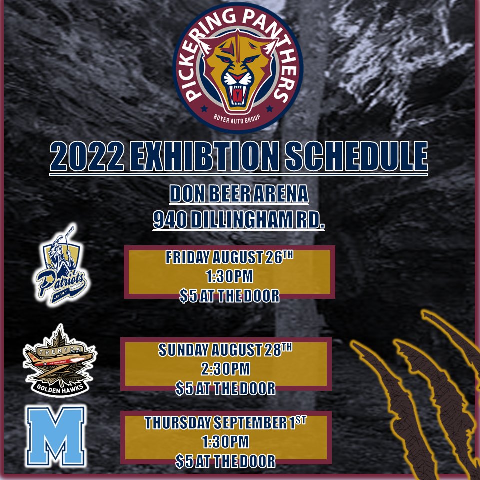 PanthersOJHL's tweet image. PANTHERS EXHIBITION BEGINS THIS FRIDAY!

$5/DOOR DON BEER ARENA

MATINEE 1:30PM VS. @patriotsjra 

#PickeringProud