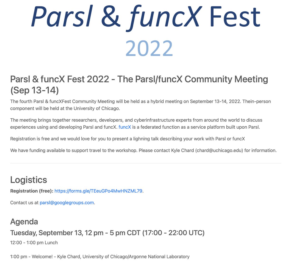 The Parsl &amp; funcX Fest (27 talks, free, Chicago &amp; virtual/zoom, 13-14 Sept) program is out and registration is open - parsl-project.org/parslfest2022.…

This is a forum for Parsl &amp; funcX users &amp; developers to come together to discuss experiences and future directions