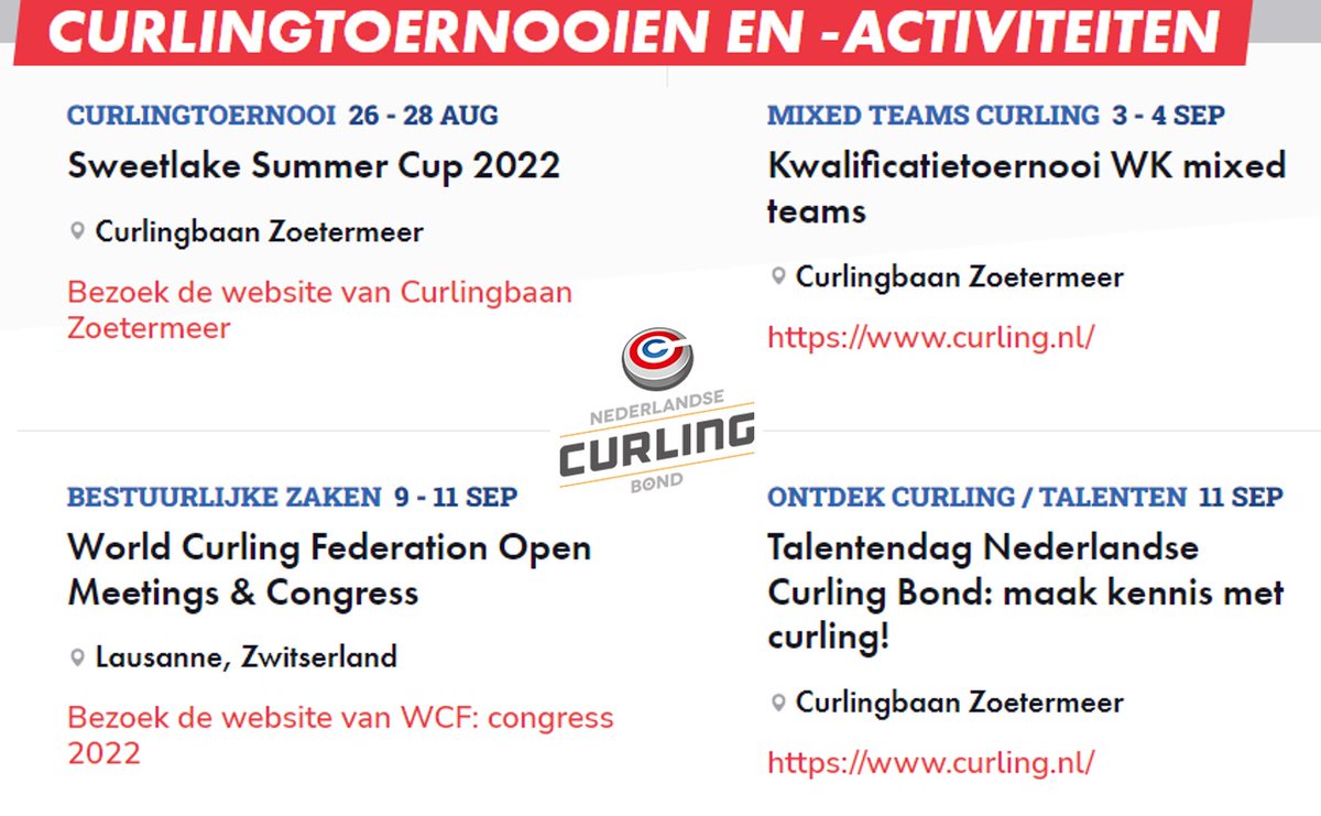 Curlingbond's tweet image. Het #curling seizoen ín Nederland begint komend weekend goed met de Sweetlake Summer Cup. En ook september is een goedgevulde maand! Aanmelden voor de #Talentendag kan nog t/m 7 sept. Meer info op onze site. Kom jij dit seizoen ook #curlen? 🥌 #CurlingIsCool