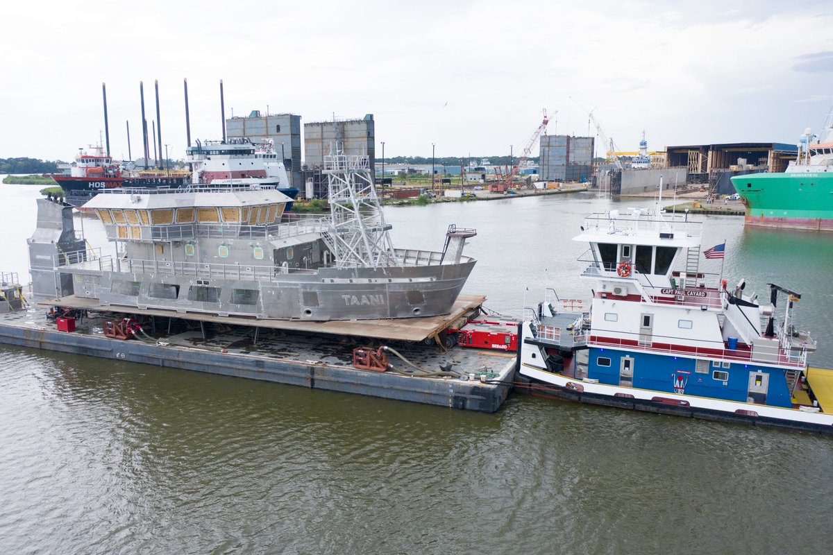 oregonstatenews's tweet photo. R/V Taani, one of 3 NSF-funded research vessels whose construction is being led by Oregon State, was barged to Bollinger Houma Shipyard in Louisiana this month, where the superstructure will be erected to the vessel’s hull. https://t.co/5YVgdJVXWv #NSFFunded #UNOLS https://t.co/zAmqiU7Zp7