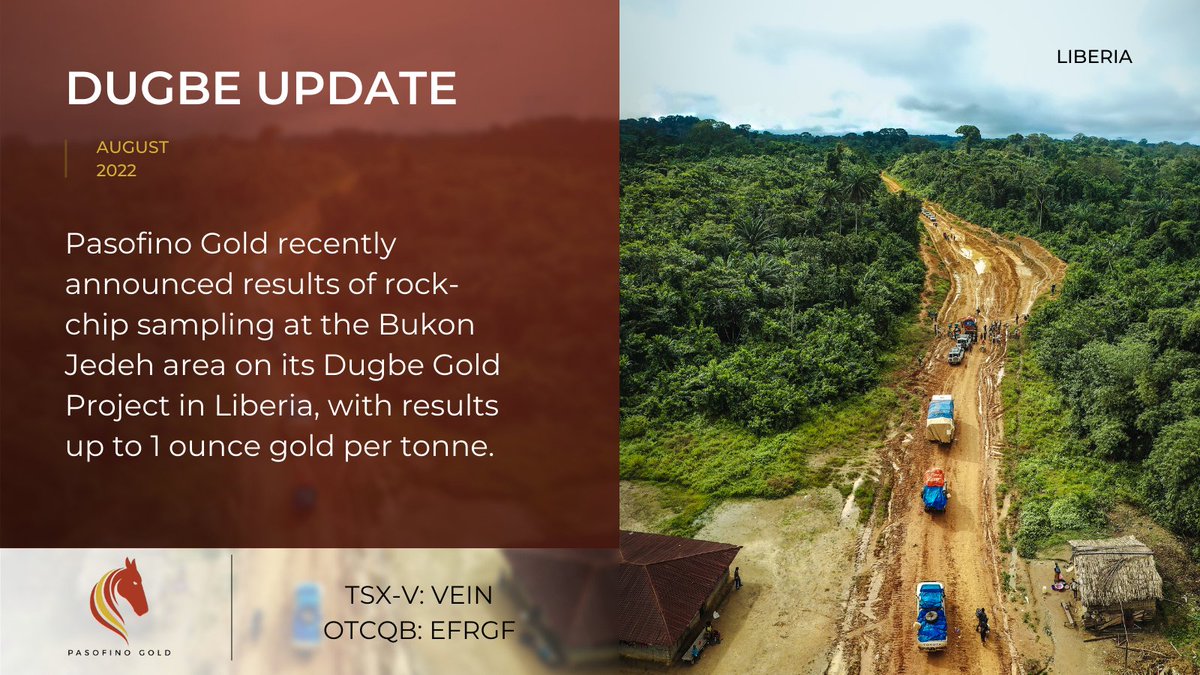 PasofinoGold's tweet photo. Pasofino Gold recently announced results of 'rock-chip sampling at the Bukon Jedeh area on its Dugbe Gold Project in Liberia, with results up to 1 ounce gold per tonne.

See release for more details: https://t.co/vIW6VPPmZp

$VEIN $EFRGF
#Gold #Au #Mining https://t.co/WhpJEUnHgV