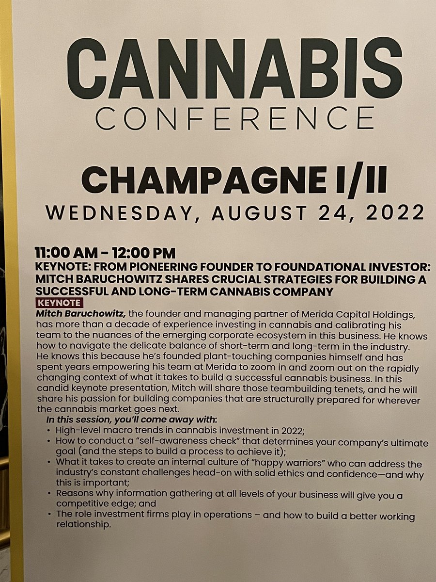 ZachMentz's tweet image. Mitch Baruchowitz, founder and managing partner @MeridaCap, delivers today’s keynote at Day 2 of @CBTmag’s Cannabis Conference 

“Yes, you’re competing against other dispensaries, but you’re really all competing with the illicit market.”