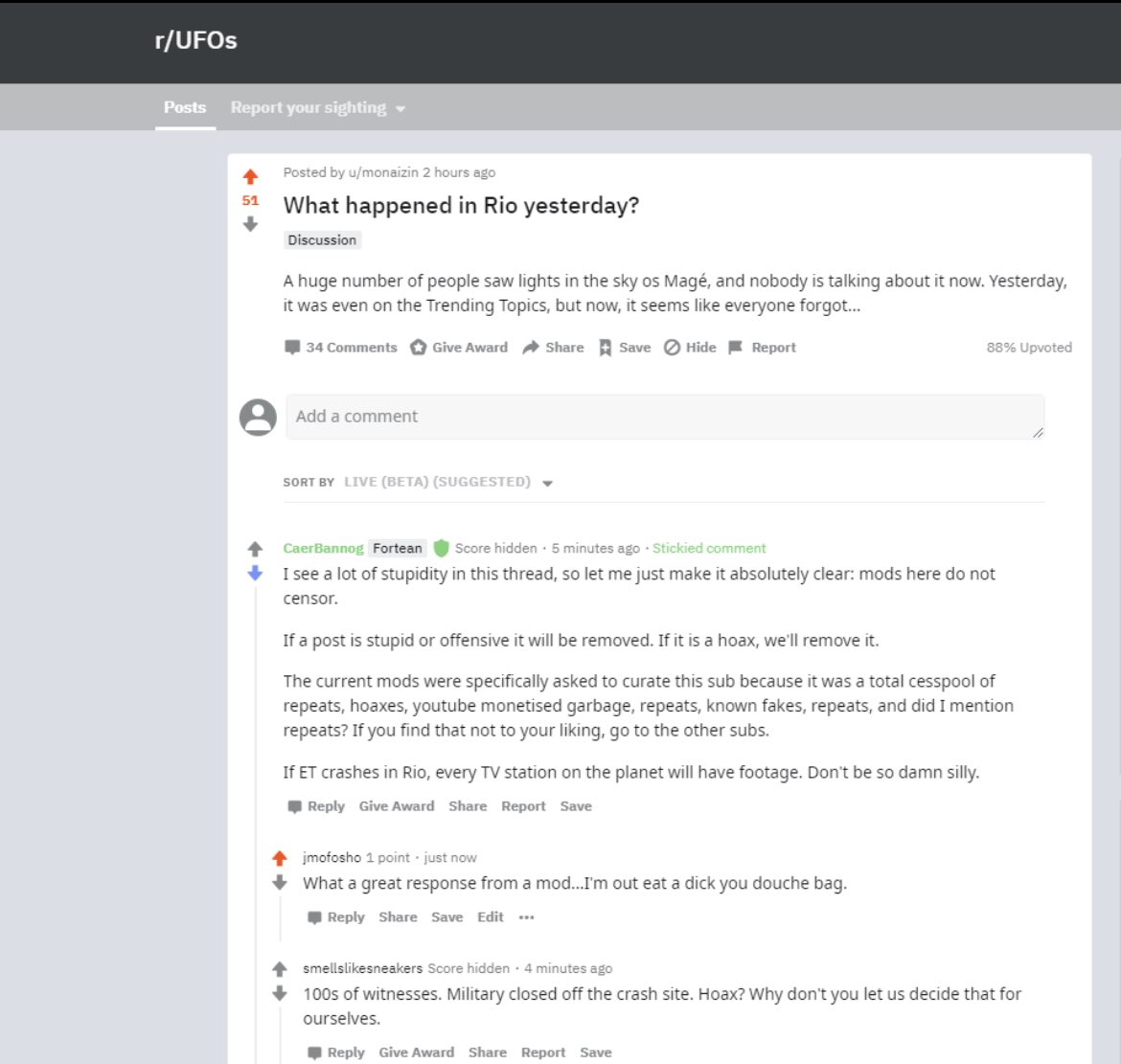 anonymoushadoww's tweet photo. Here is a screenshot oh how the Mods of Reddit were handling everything when Images and Videos were getting posted of the UFOMage Incident. Talk about being full of Shit π¬π #ufotwitter #uaptwitter #mageufo #brazil #Twitter https://t.co/JEc6J0geAm