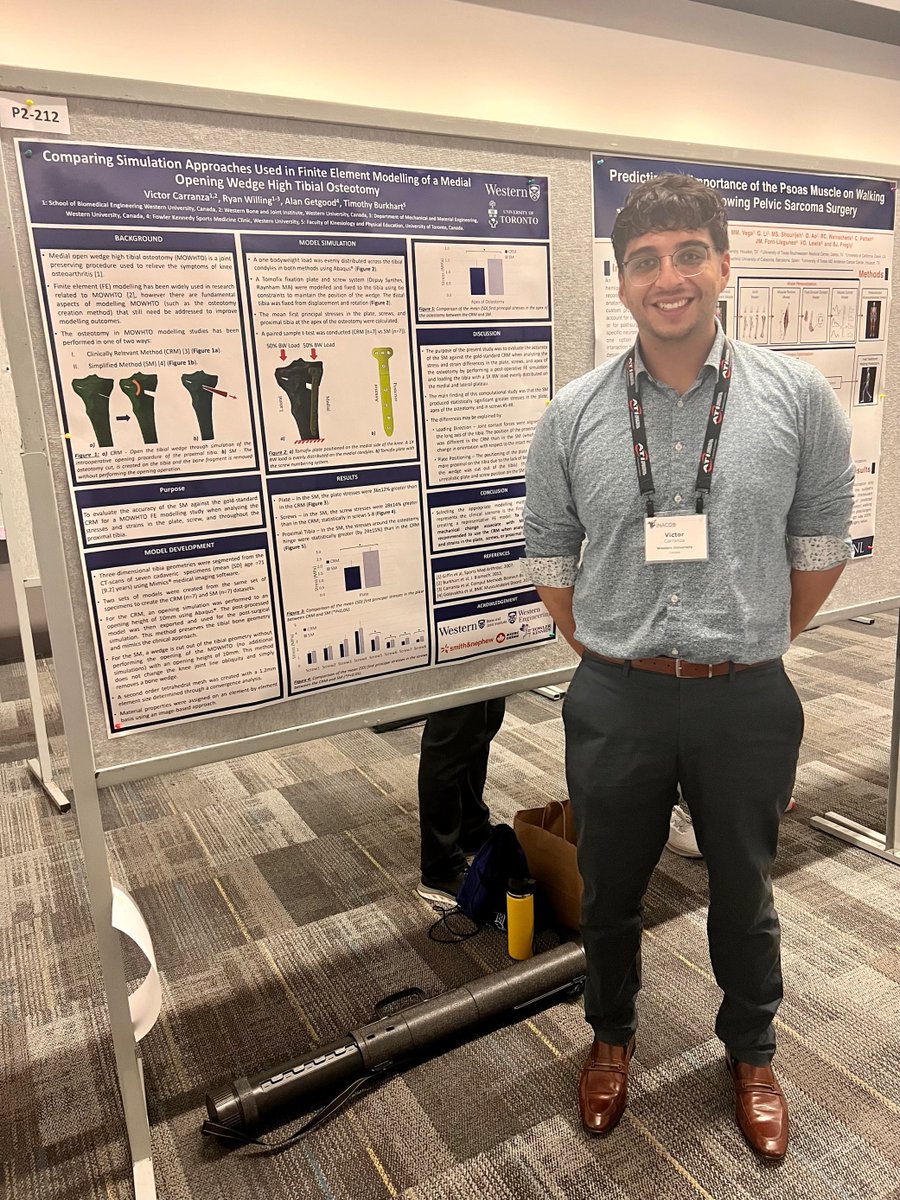 Victor Carranza is at P2-212 presenting his work on simulation approaches used in FEM of a medial opening wedge high tibial osteotomy #NACOB2022
