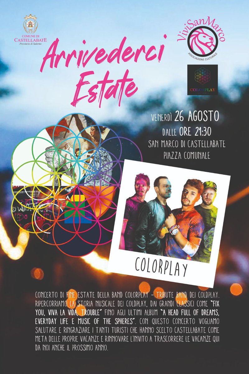 Eddiemarfix555's tweet photo. 🌞Arrivederci Estate 👋🏻 
Colorplay - Tribute Band Coldplay in concerto 🎶🎸🥁🎹
#ViviSanMarco #Castellabate #Salerno #Campania #eventi #campaniaeventi #Cilento #summer2022 #summer #cilentocoast #Italy #Italyevent #Agosto2022 #Coldplay #concert #Musica #live #concertocoldplay https://t.co/cTMX6KOs8G