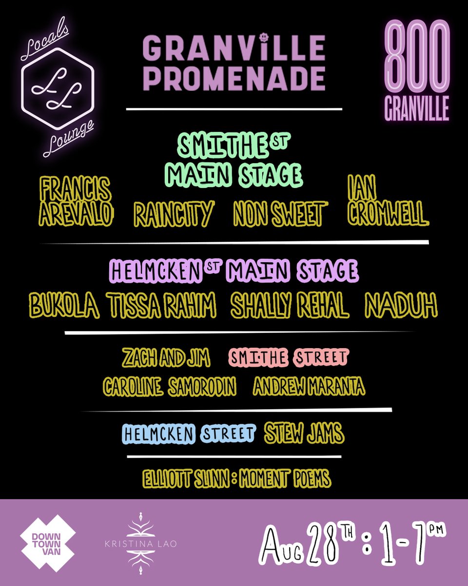 We're just a few days away from the <a href="/LocalsLounge/">Locals Lounge</a>, <a href="/MyKristinaLao/">Kristina Lao</a>, and <a href="/800granvillest/">800granvillestreet</a> takeover of the #GranvillePromenade, and I'm extremely excited and proud about the stellar lineup that we're bringing to the streets of <a href="/downtownvan/">Downtown Van</a>!

#VanMusic #Vancouver