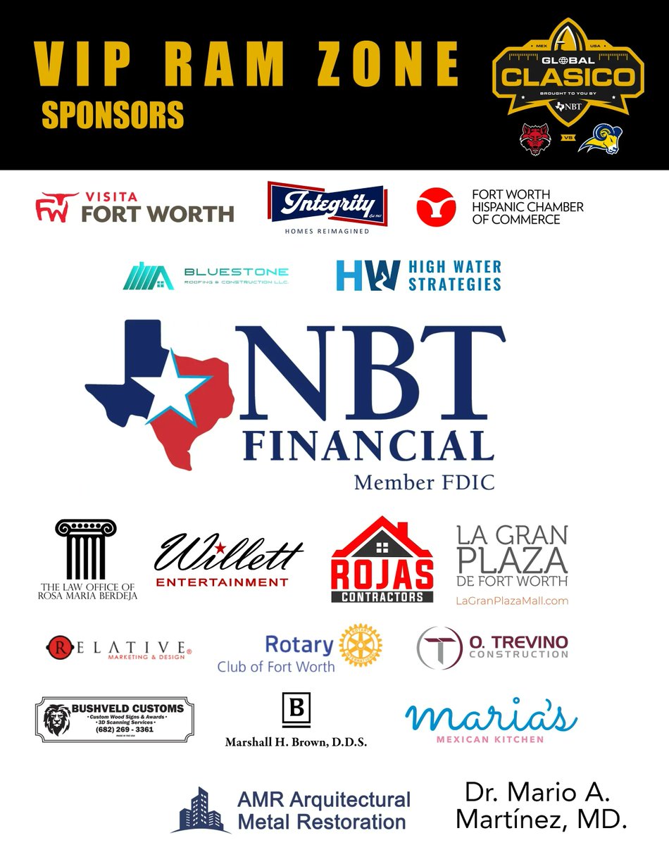 You can't pull off amazing events like this without a strong community of help and support. We want to thank all our sponsors for helping us make this game a reality! Thank you, Gracias. #football #GobalClasico <a href="/txwesfootball/">TxWes Football</a> <a href="/astateredwolves/">Arkansas State Red Wolves Athletics</a> <a href="/coachtajonar/">Antonio Tajonar</a> <a href="/coachjptxwes/">Joe Prud'homme</a>