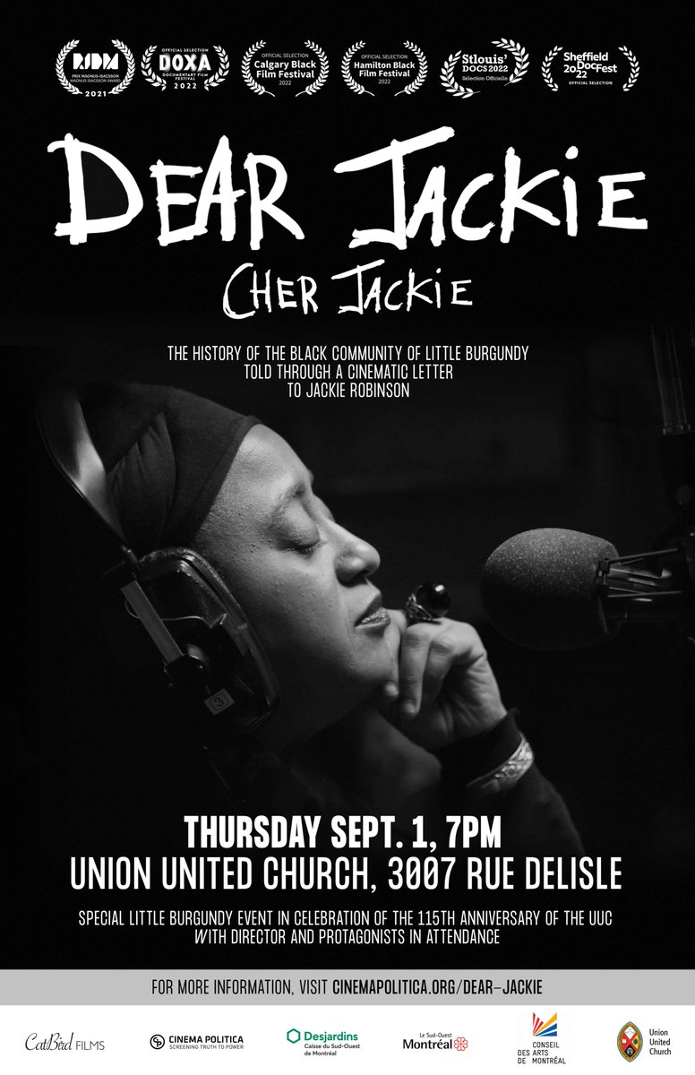 Montreal! DEAR JACKIE will be screened in Little Burgundy at the historic Union United Church! A Q&amp;A session with the director and film participants will follow the screening! Do not miss this memorable event! For info: bit.ly/3PeZ9Ii