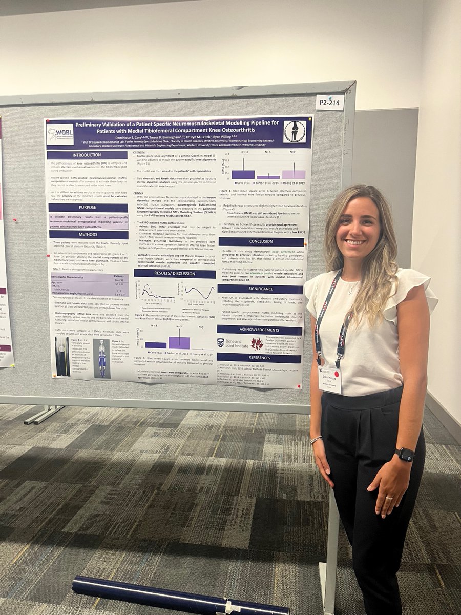 Dominique Cava is at P2-214 presenting her validation work of a patient specific neuromusculoskeletal modelling pipeline for patients with OA #NACOB2022