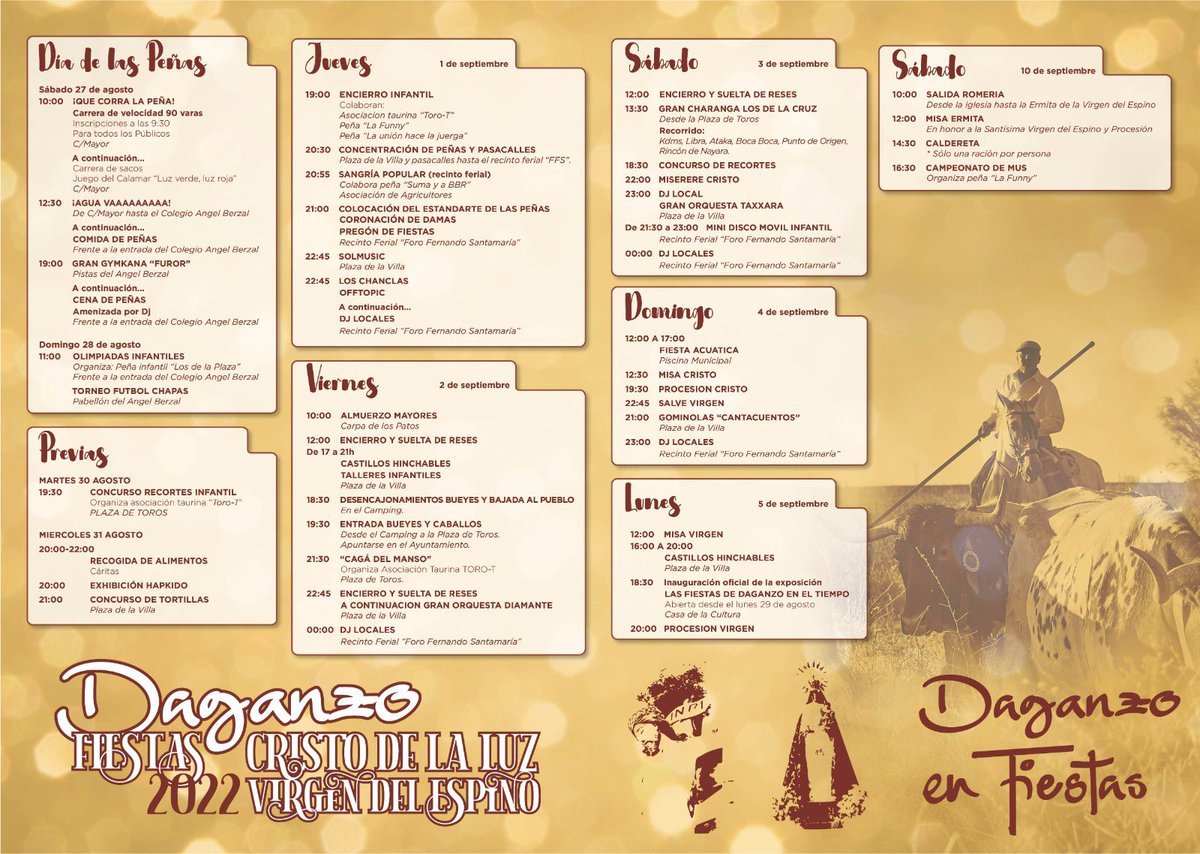 🎭🎉FIESTAS EN HONOR AL CRISTO DE LA LUZ Y LA VIRGEN DEL ESPINO 2022🎉🎼
En el siguiente enlace, podrás acceder al programa, que estará a partir de mañana en vuestros buzones:
ayto-daganzo.org/eventos/fiesta…

#daganzo #daganzodearriba #fiestas2022 #dgz #aytodedaganzo  #daganzoenfiestas