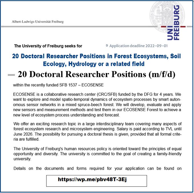 📌 20 Doctoral Researcher Positions in Forest Ecosystems, Soil Ecology, Hydrology🌲🌊 or a related field at The University of Freiburg in Germany 🇩🇪... Please Retweet and spread the word! For details visit the link below👉 wp.me/pbv48T-3Ej