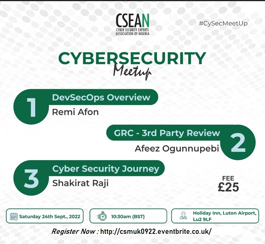 cyberexpertsng's tweet photo. The CSEAN UK Branch has scheduled its #CySecMeetUp to hold on the 24th of September 2022. 

We would like to encourage everyone - who can make it to Luton, to register and attend this event as it would be a great opportunity to meet face-to-face and network with brilliant minds. https://t.co/Ci1VPWmySO