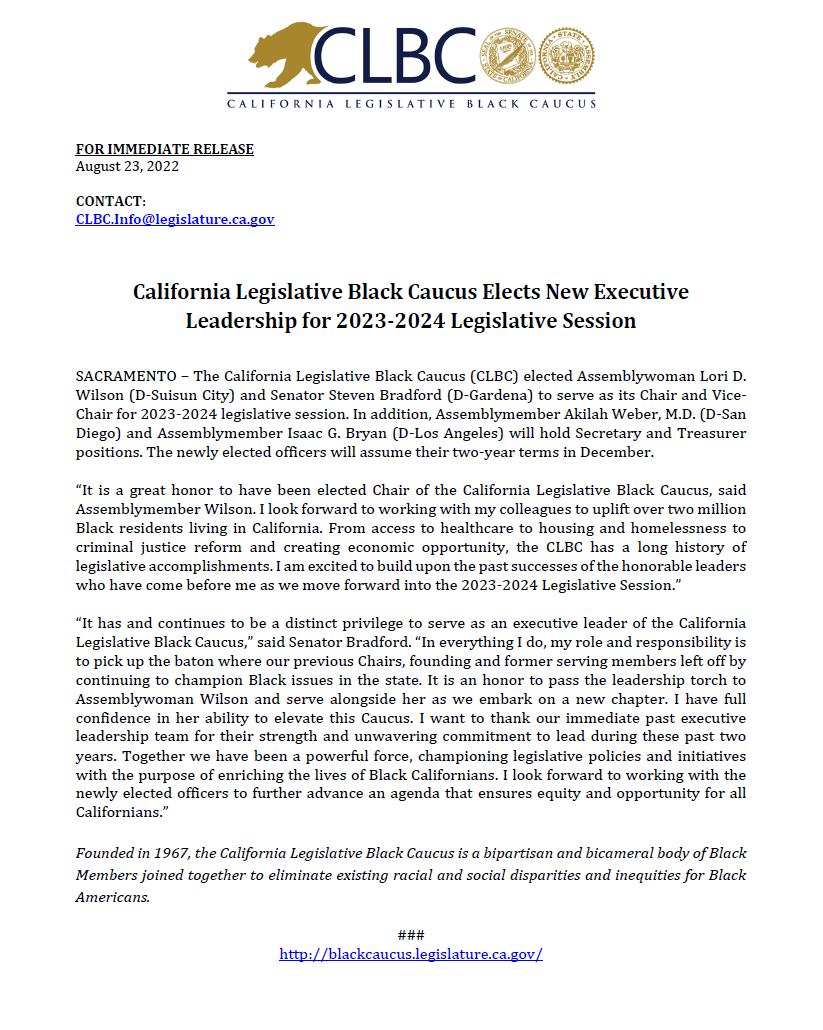 LoriDWilson's tweet photo. It is a great honor to have been elected Chair of the California Legislative Black Caucus. I look forward to working with my colleagues to uplift over two million Black residents living in California.

1/3 https://t.co/hPA9w7wVYQ