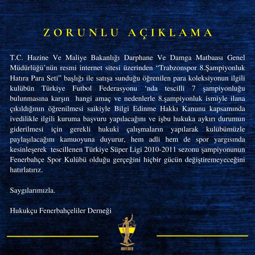 Darphane ve Damga Matbaası Genel Müdürlüğü’nün satışa sunduğu “Trabzonspor 8.Şampiyonluk Hatıra Para Seti” isimli para koleksiyonu ilanı hakkında zorunlu açıklama!