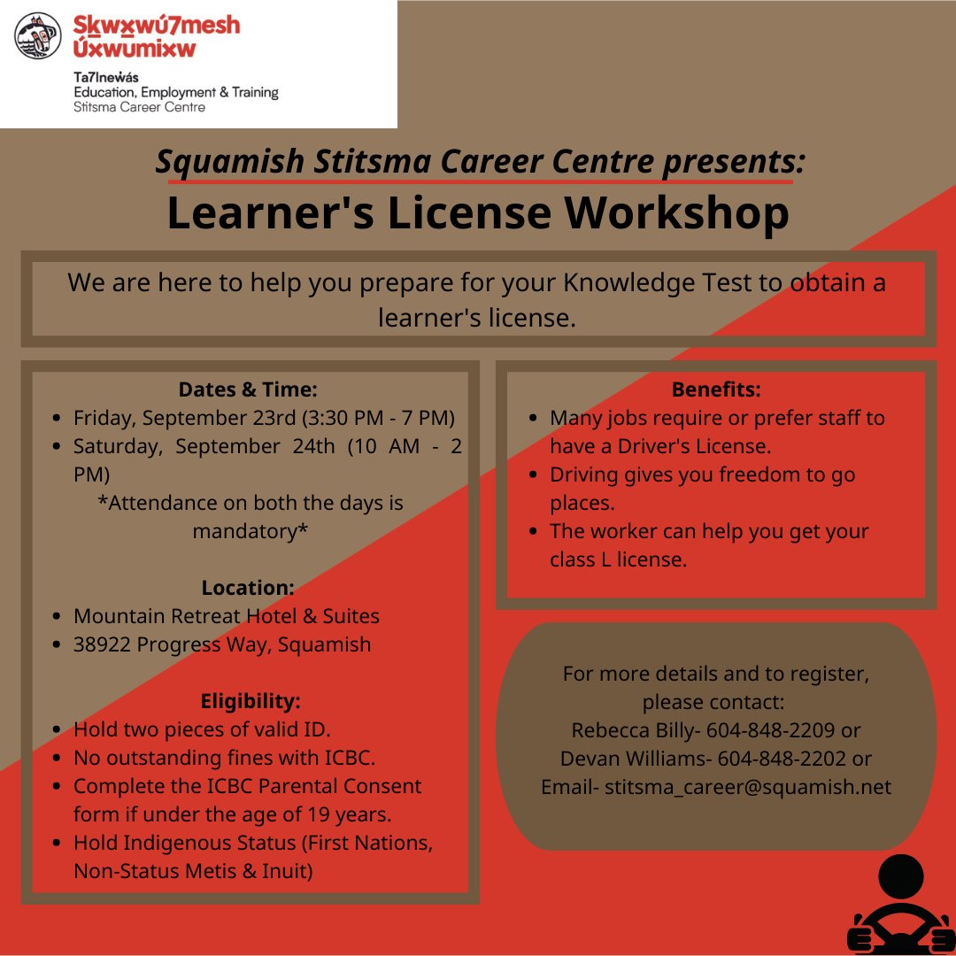 StitsmaSn's tweet photo. Is you learner's license test around the corner? We are here to help you prepare for your Knowledge Test to obtain a learner's license. ⁠

Interested? Email- stitsma_career@squamish.net⁠
⁠
#SquamishNations #SNEmploymentCentre #Stitsma #Hiring 
⁠ https://t.co/w7lEg69qil