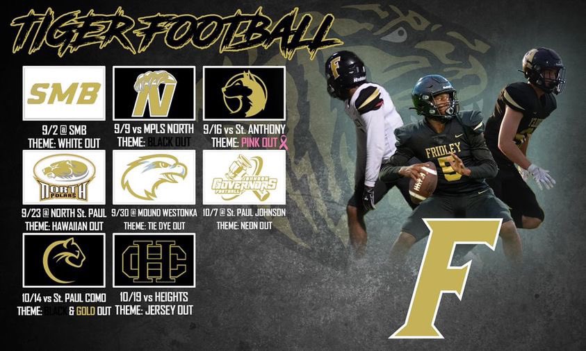 FridleyFootball's tweet photo. Game day schedule and fan themes! #showup #showout #shareout #wefridleybaby #2022szn https://t.co/BRE1sd8pZ6
