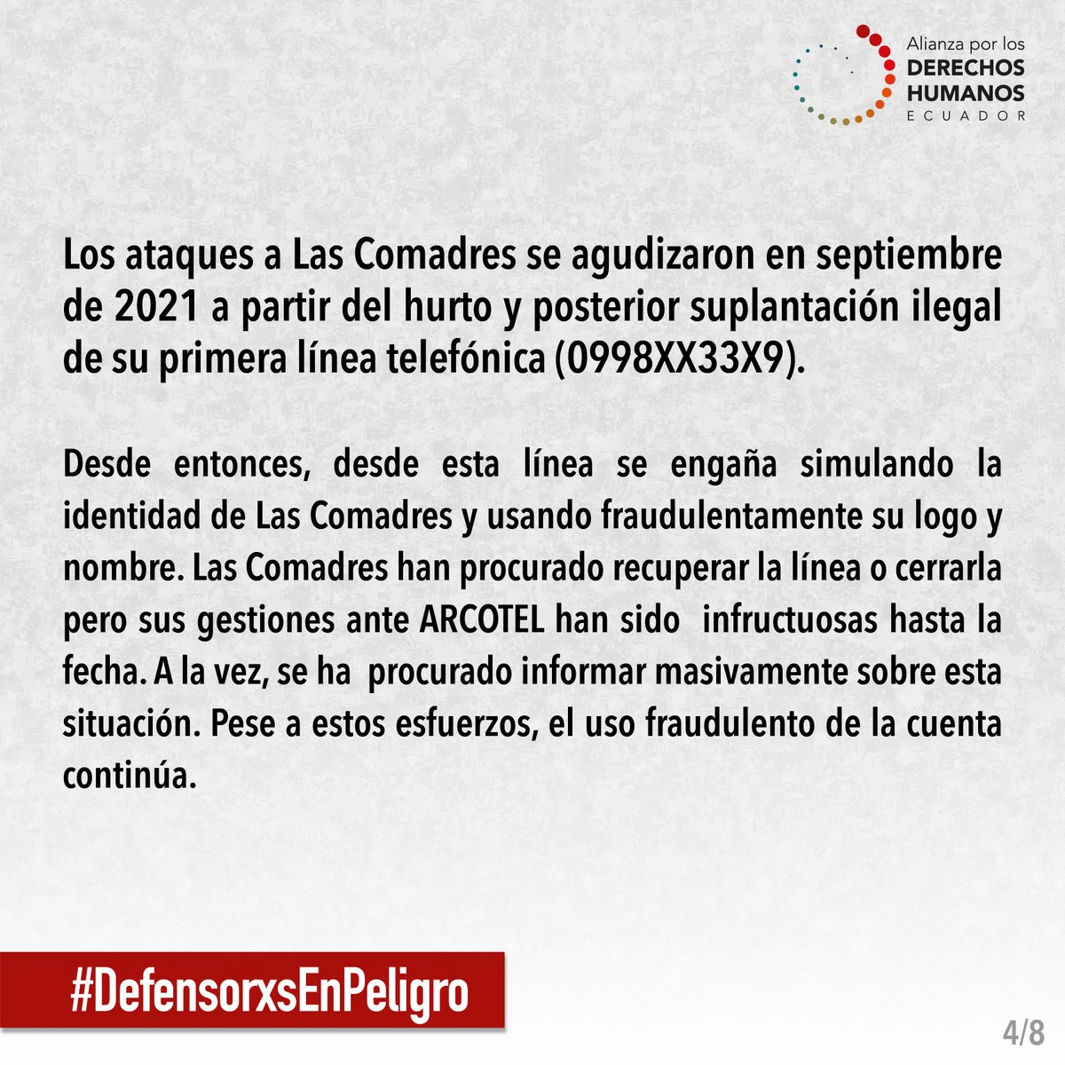 🚨ALERTA PÚBLICA Defensoras de #DerechosSexuales y #DerechosReproductivos en el Ecuador son víctimas de ataques. No Más #DefensorxsEnPeligro
@comadresec <a href="/DDHH_Ec/">Viceministerio de la Mujer y Derechos Humanos</a> <a href="/CIDH/">CIDH - IACHR</a> <a href="/amnistia/">amnistia . org</a> <a href="/ReproRightsLAC/">Centro de Derechos Reproductivos</a> @Wambra <a href="/LaPeriodicanet/">Revista La Periódica</a> <a href="/GKecuador/">GK</a> <a href="/revistaPlanV/">Plan V</a>
➕Info➡️bit.ly/3PL4HdV
🧵👇