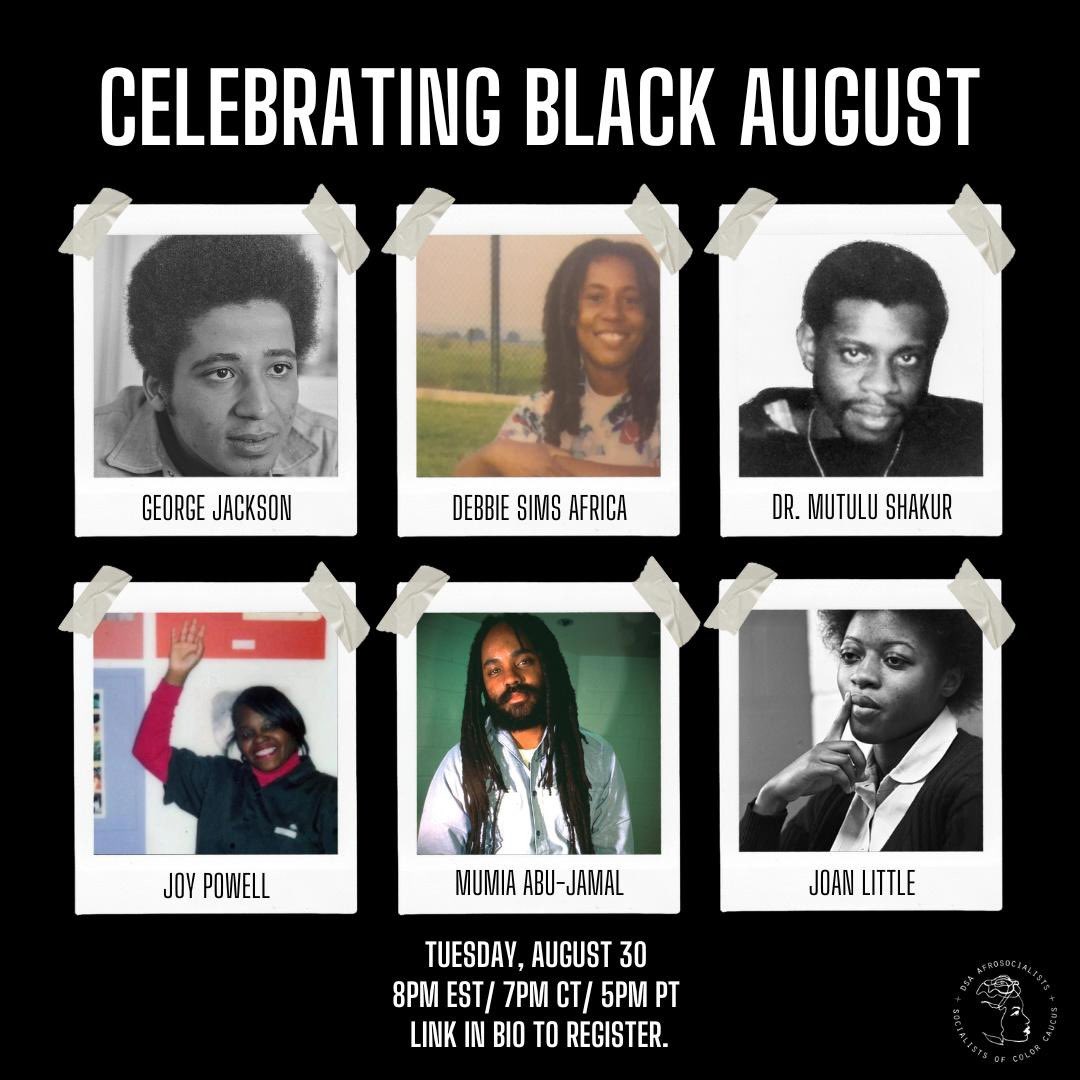 AFROSOCDSA's tweet photo. AfroSoC will be leading a political education event in celebration and remembrance of Black August. Weβll discuss the origins of Black August, its four principles, and provide reflections on Dr. Mutulu Shakur and other Black political prisoners. https://t.co/h0j4bRmgKQ