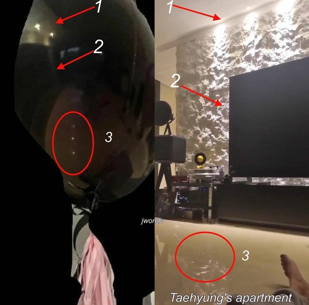 armeriea's tweet photo. @pannchoa lol here s a new one. On the left is a photo jennie took. She blacked out the background but left only a cake and two balloons in the photo. In one of the balloons u can see tae's apartment. Same lights, glossy table, tv and textured wall. https://t.co/3azVF25e3I